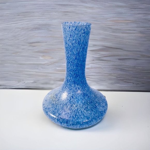 MCM Blue White Splatter Texture Tapered Art Glass Vase 9.5” Vintage - Picture 2 of 13